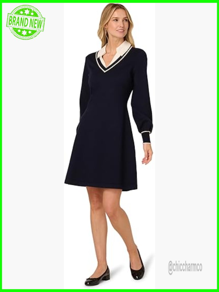 V-Neck Long Sleeve Sweater Dress With Contrast Tipping Fit & Flare
